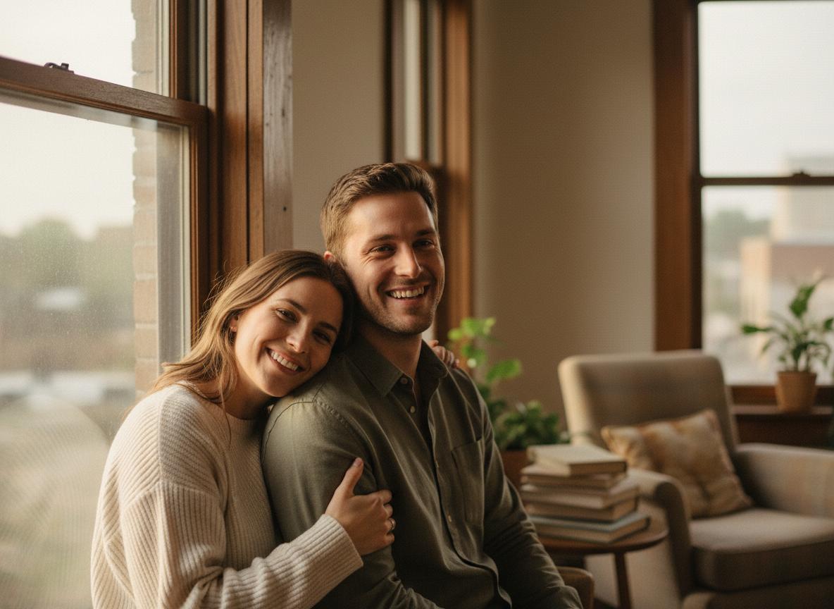 Jamuel and Terace smiling by the window